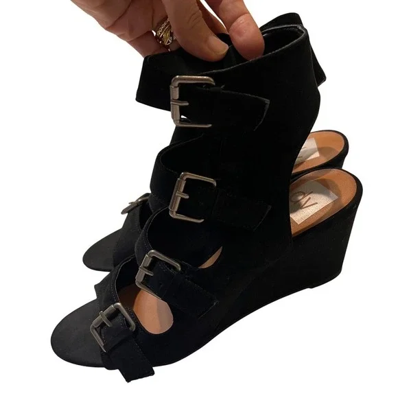 DV by Dolce Vita Black Faux Suede Wedge Buckle Gladiator Sandals - Size 7 - Picture 5 of 13